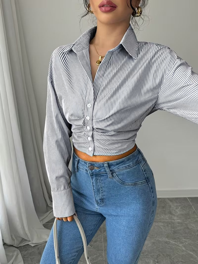 Ninonine "Lumière" | Ruched Pinstripe Cropped Blouse
