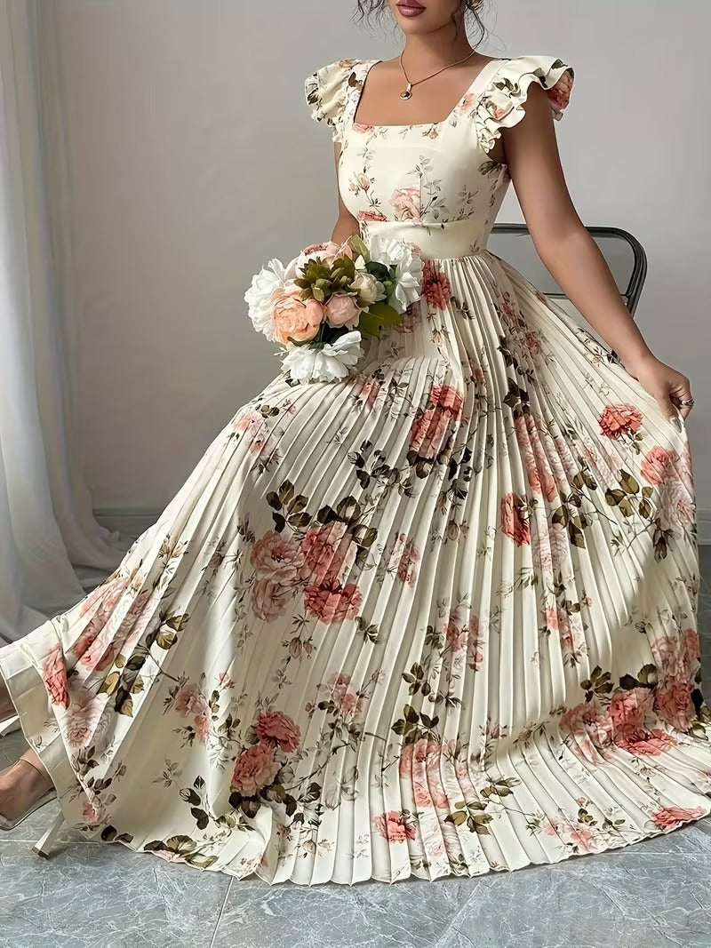 Ninonine "Rosalind" | Pleated Floral Maxi Dress with Ruffled Sleeves