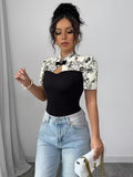 Ninonine "Inès" | Floral Spliced Mandarin Collar Top