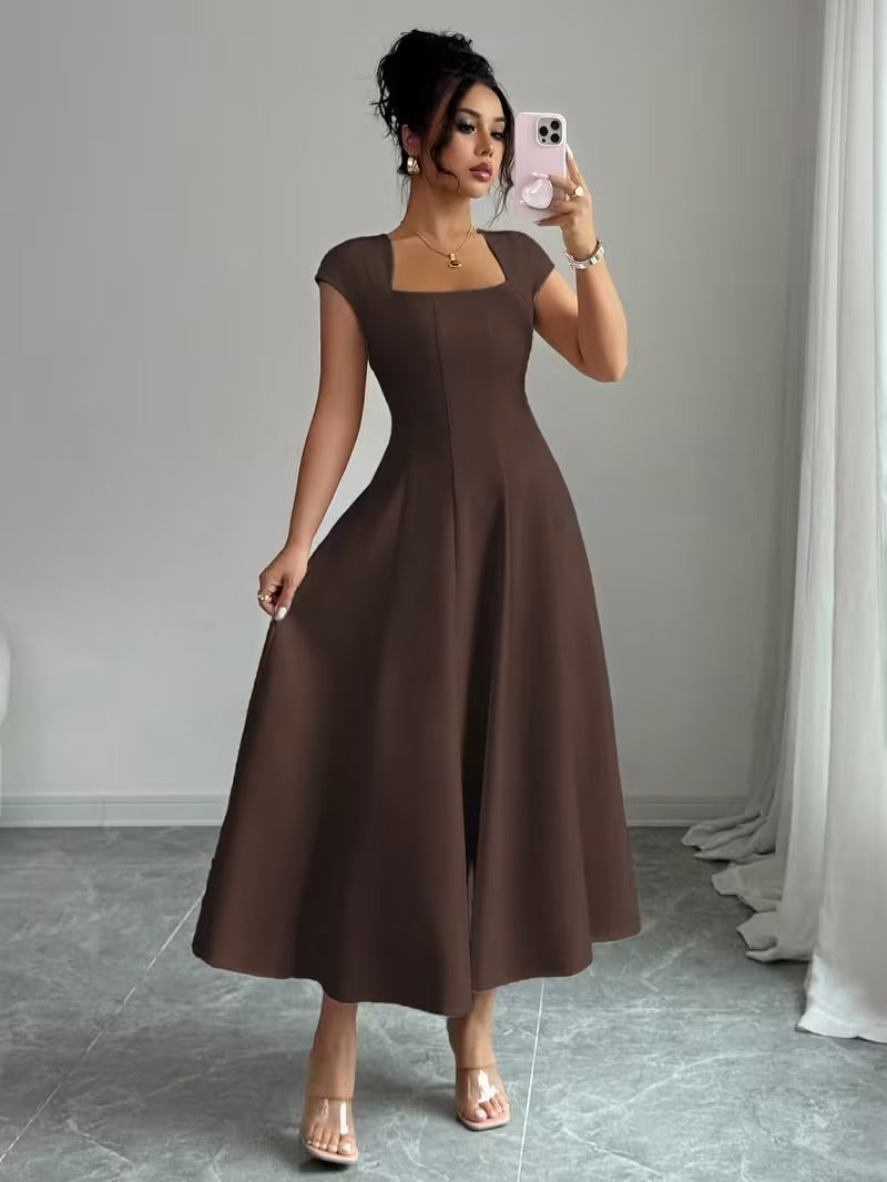 Ninonine "Elowen" | Square Neck Waist-Cinched Bell-Shaped Midi Dress
