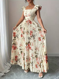 Ninonine "Rosalind" | Pleated Floral Maxi Dress with Ruffled Sleeves