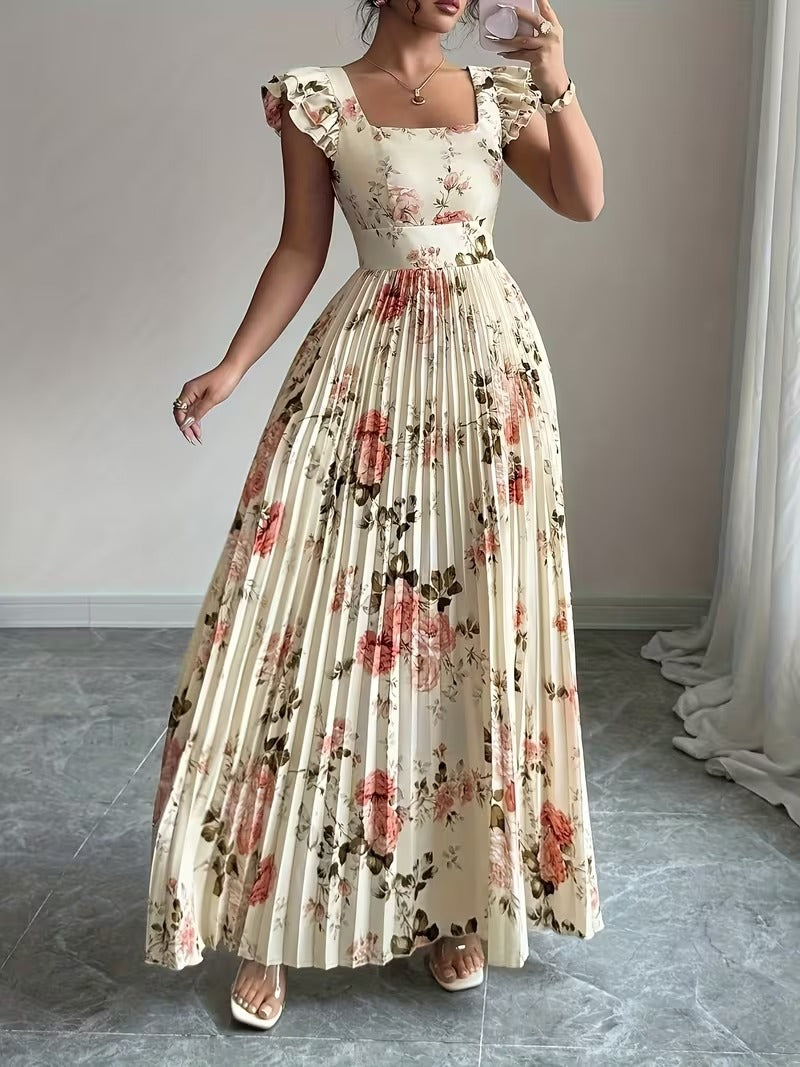 Ninonine "Rosalind" | Pleated Floral Maxi Dress with Ruffled Sleeves