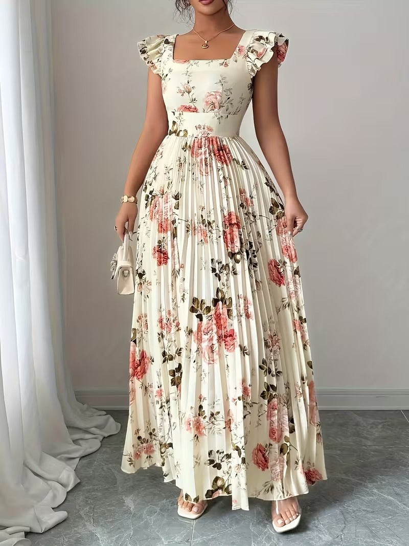 Ninonine "Rosalind" | Pleated Floral Maxi Dress with Ruffled Sleeves