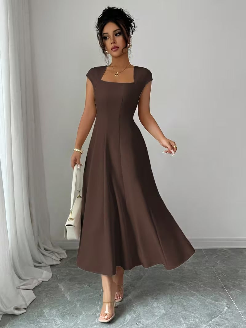 Ninonine "Elowen" | Square Neck Waist-Cinched Bell-Shaped Midi Dress