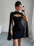Ninonine "Lyra" | Shimmering Cape-Sleeve Cutout Bodycon Dress