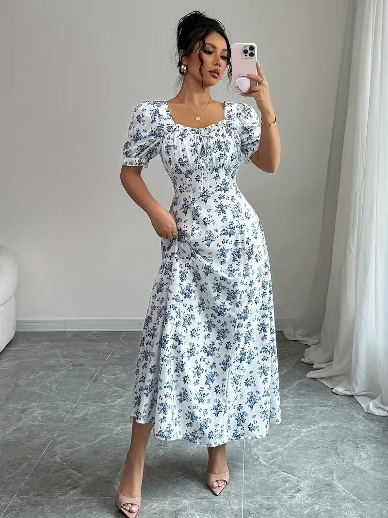 Ninonine "Isabelle" | Smocked Back Puff Sleeve Floral Fit & Flare Dress