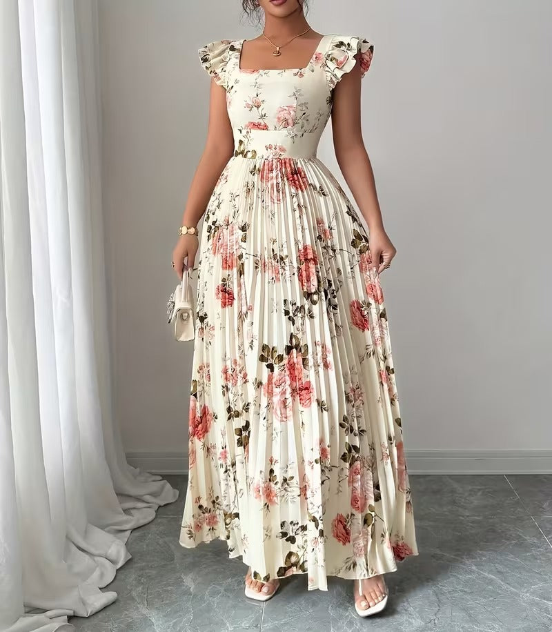 Ninonine "Rosalind" | Pleated Floral Maxi Dress with Ruffled Sleeves