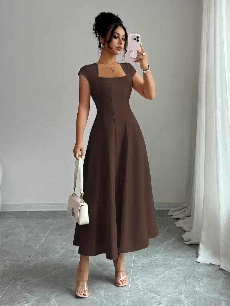 Ninonine "Elowen" | Square Neck Waist-Cinched Bell-Shaped Midi Dress