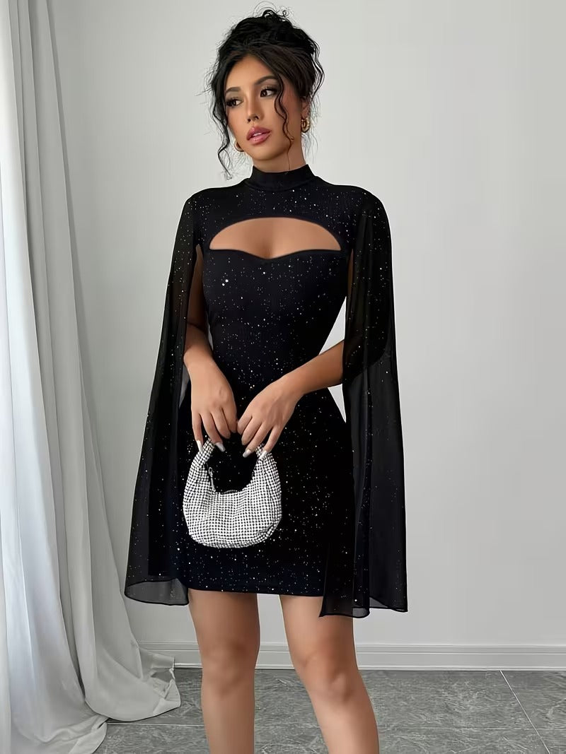 Ninonine "Lyra" | Shimmering Cape-Sleeve Cutout Bodycon Dress