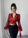 Ninonine "Rosalind" | Shirred Rose Print Long-Sleeve Crop Top