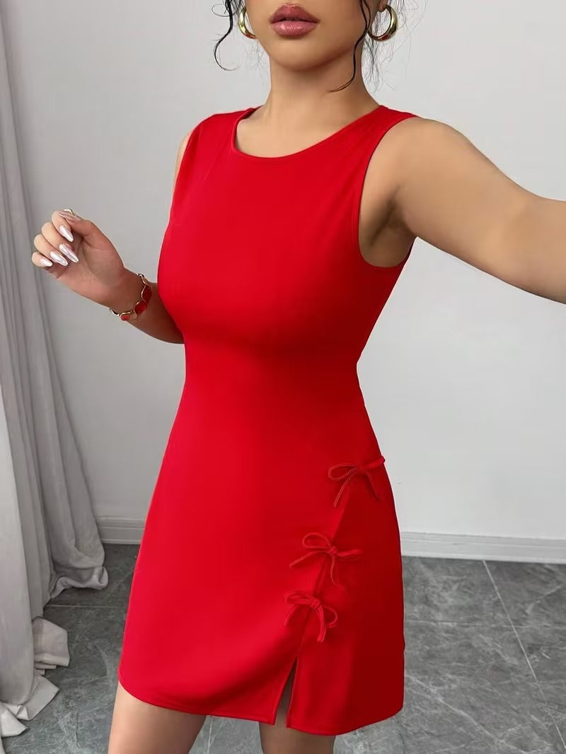 Ninonine "Valerie" | Bow-Accented Side-Slit Bodycon Mini Dress