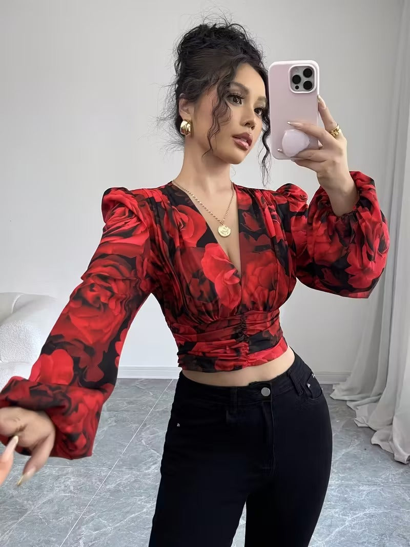 Ninonine "Rosalind" | Shirred Rose Print Long-Sleeve Crop Top