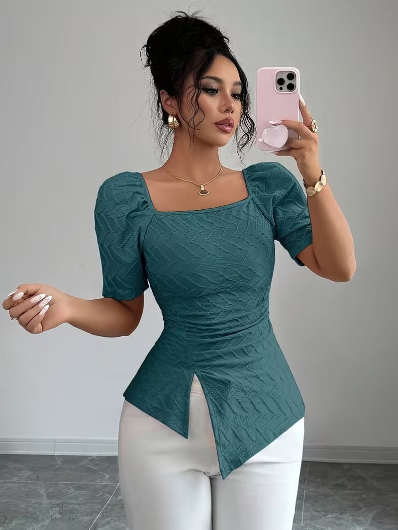 Ninonine "Lucille" | Textured Square-Neck Asymmetrical Hem Top