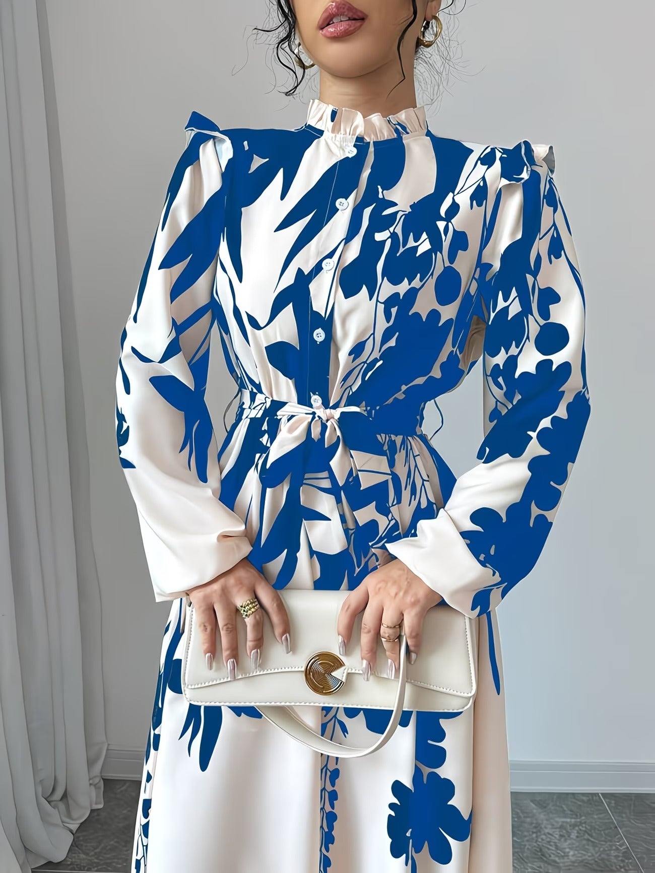 Ninonine "Vienna" | Stand Collar Ruffled Lantern Sleeve Maxi Dress