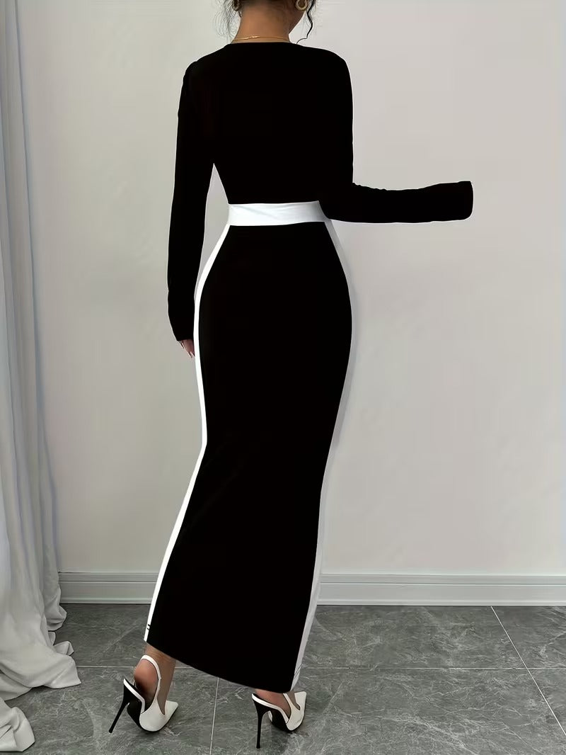 Ninonine "Sylvie" | French-Style Contrast Square Neck Bodycon Maxi