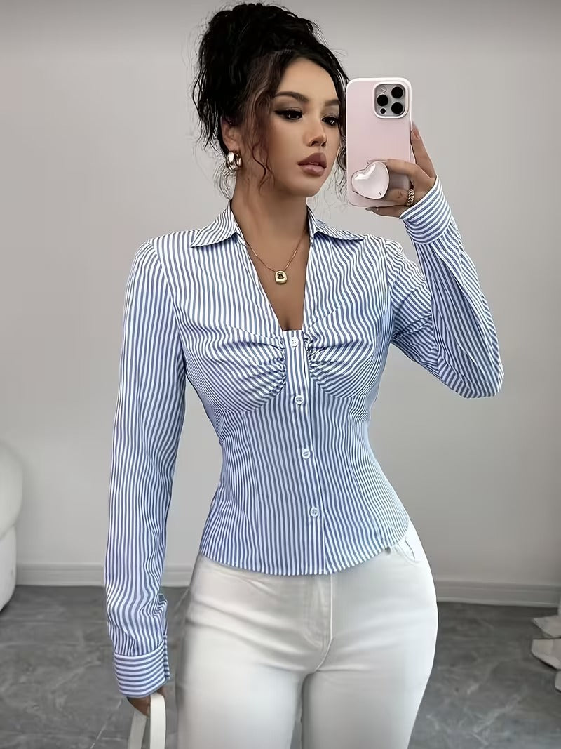 Ninonine "Lucille" | Ruched Striped Tailored Shirt