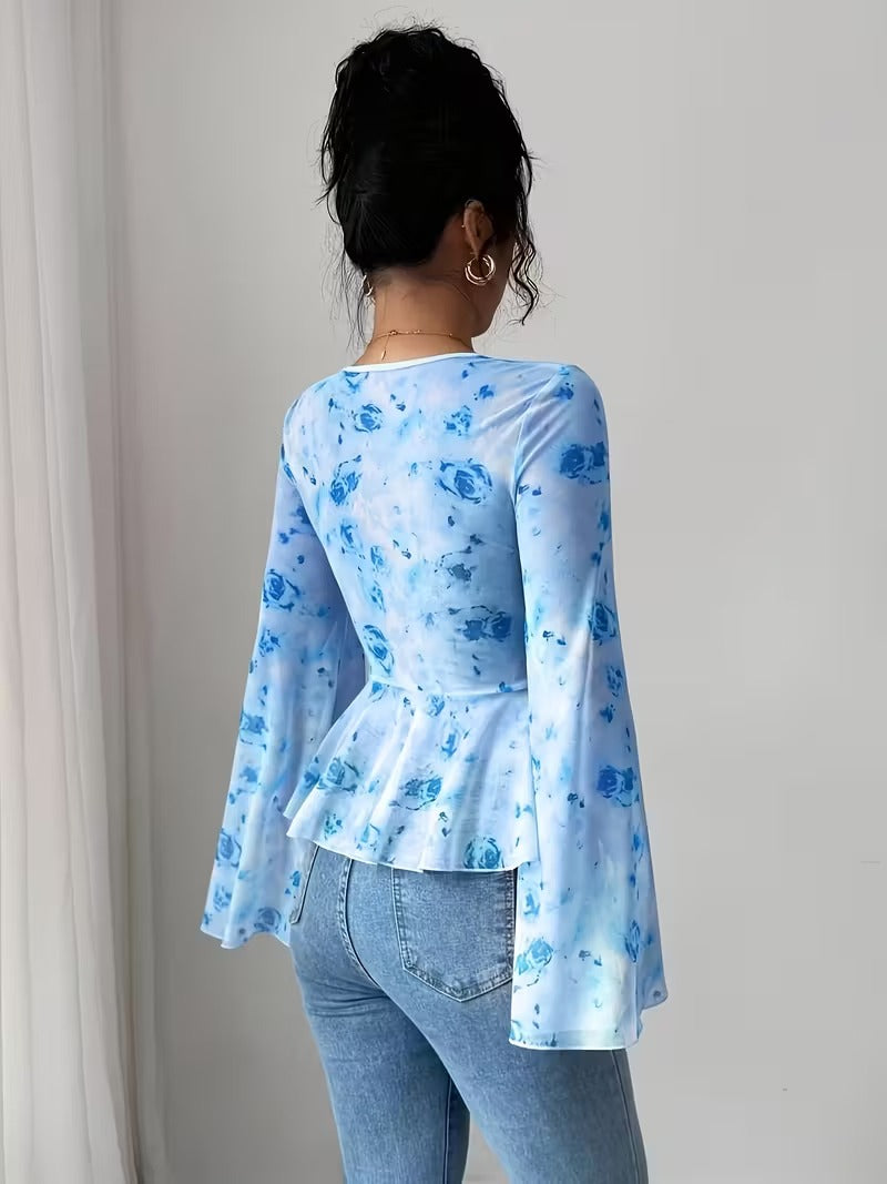 Ninonine "Elowen" | Floral Mesh Bow-Front Peplum Top