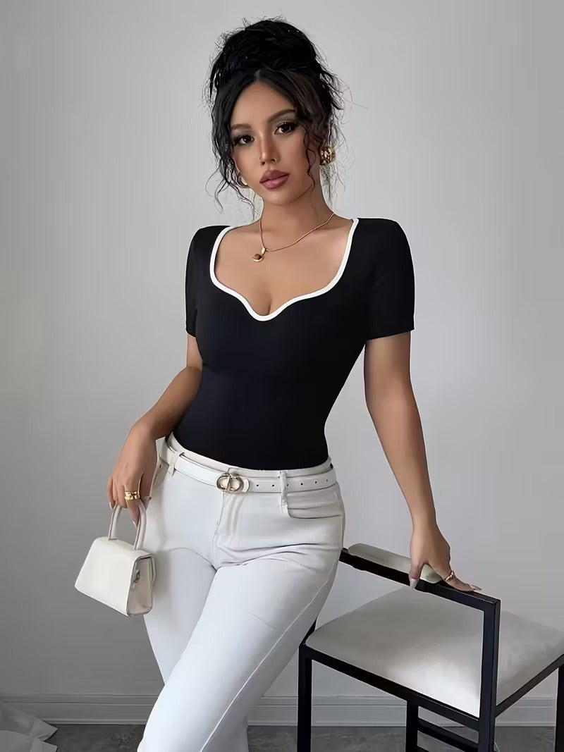 Ninonine "Maya" | Sweetheart Ribbed Woven Contrast Top