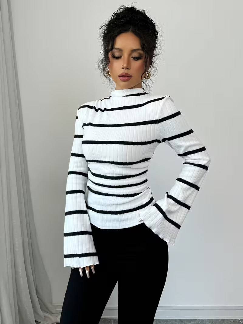 Ninonine "Genevieve" | Ribbed Flared-Sleeve Striped Turtleneck