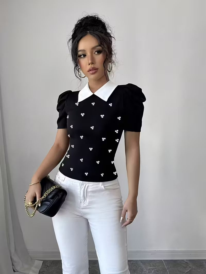 Ninonine "Colette" | Pearl-Embellished Contrast Collar Knit Top