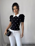 Ninonine "Colette" | Pearl-Embellished Contrast Collar Knit Top