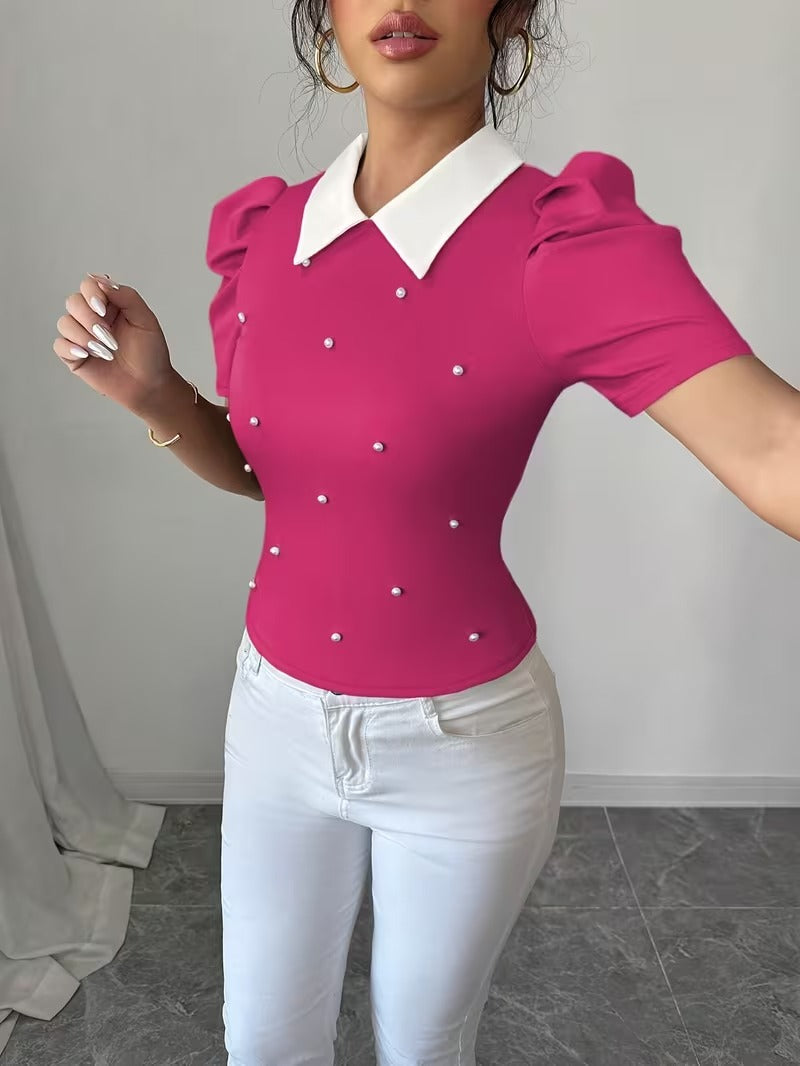 Ninonine "Odette" | Pearl-Adorned Contrast Collar Knit Top