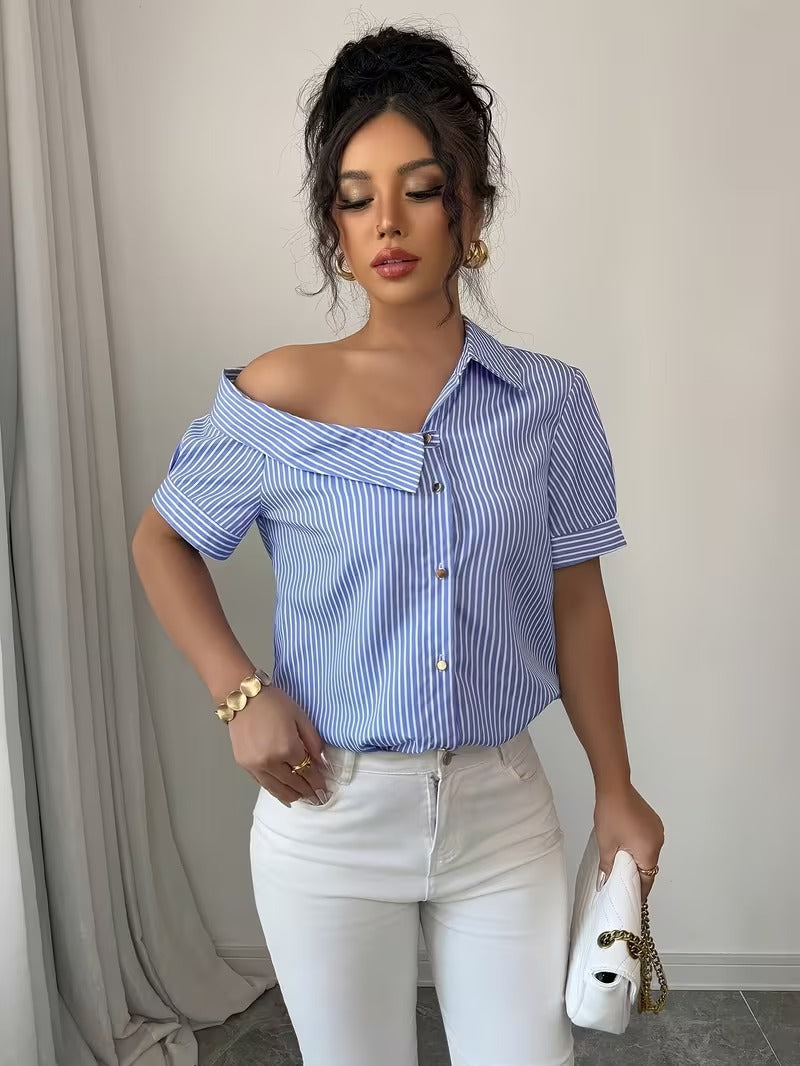 Ninonine "Marina" | Asymmetrical Off-Shoulder Striped Shirt