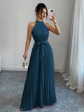 Ninonine "Serene" | Pleated Halter-Neck Maxi Gown with Ribbon Belt