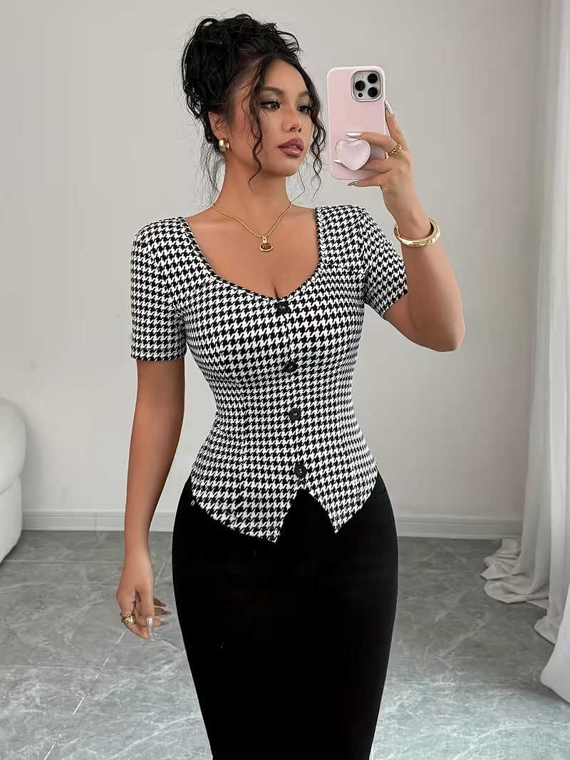 Ninonine "Odile" | Houndstooth Asymmetrical Single-Breasted Top