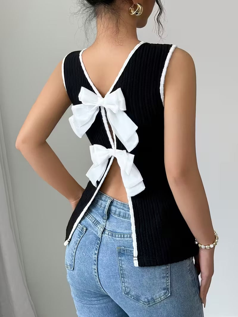 Ninonine "Amélie" | Contrast Trim Ribbed Back-Bow Vest