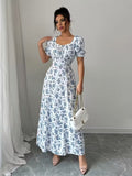 Ninonine "Isabelle" | Smocked Back Puff Sleeve Floral Fit & Flare Dress
