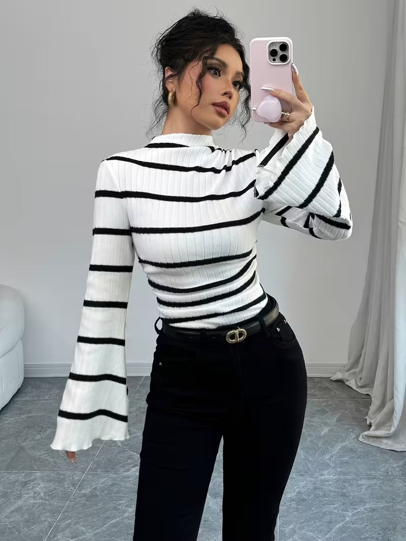 Ninonine "Genevieve" | Ribbed Flared-Sleeve Striped Turtleneck
