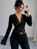 Ninonine "Seraphine" | Lace-Trimmed Floral Mesh V-Neck Top