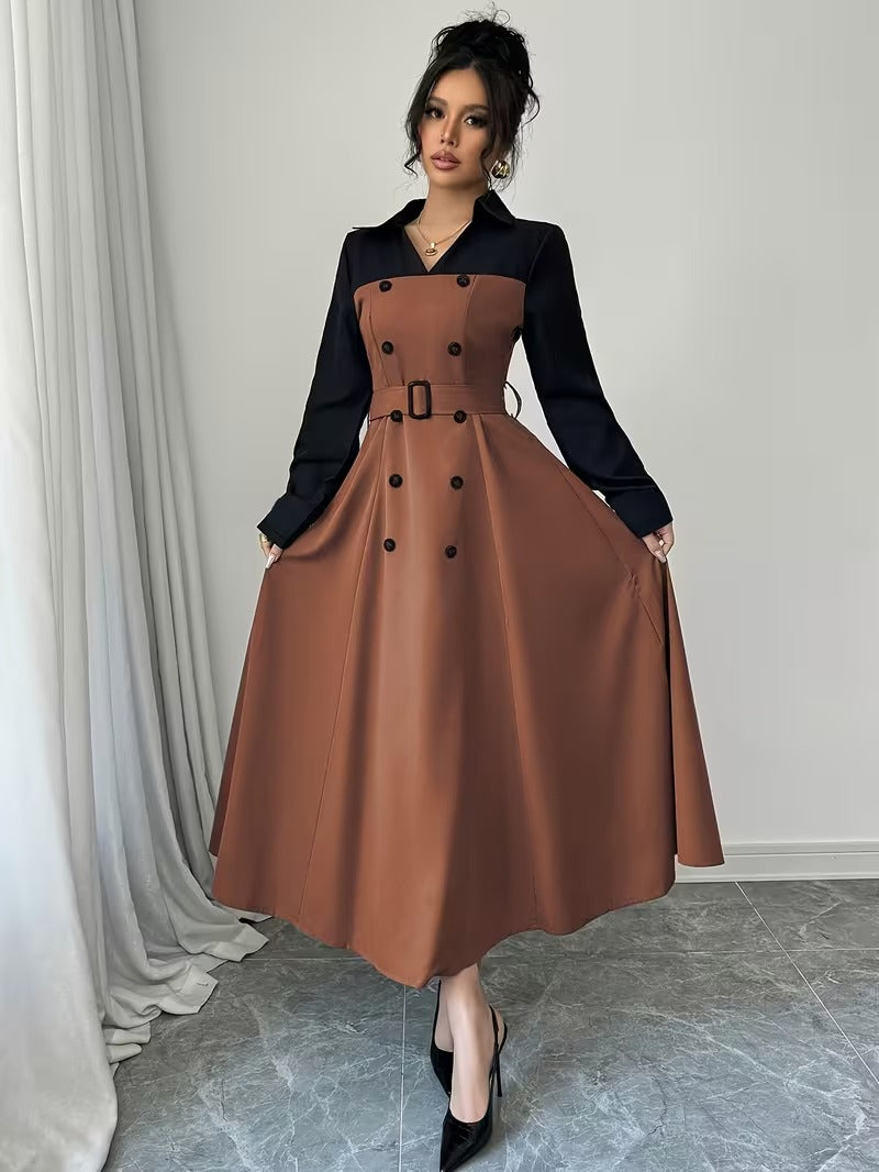 Ninonine "Vienna" | Contrast Double-Breasted Trench-Style Maxi Dress