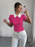 Ninonine "Odette" | Pearl-Adorned Contrast Collar Knit Top