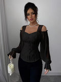 Ninonine "Vivienne" | Floral Jacquard Open-Shoulder Lantern Sleeve Top