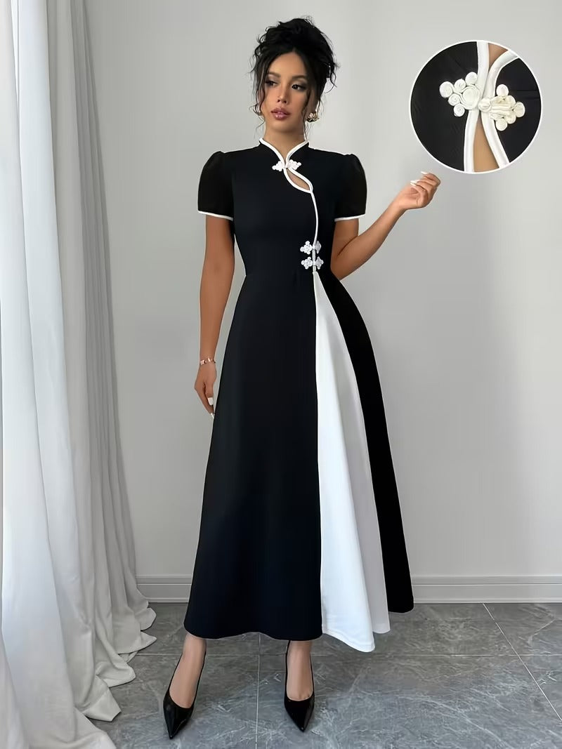 Ninonine "Yuki" | Contrast Trim Mandarin Collar Maxi Dress