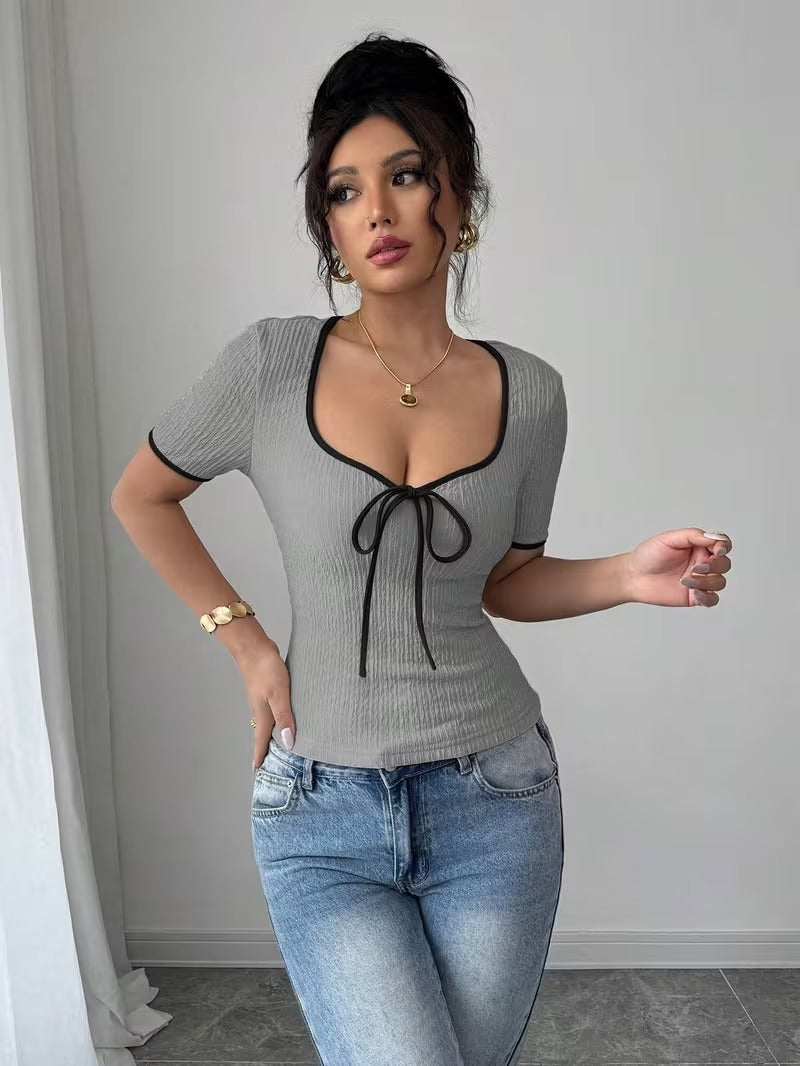 Ninonine "Amara" | Contrast Trim Bow-Front Knit Top