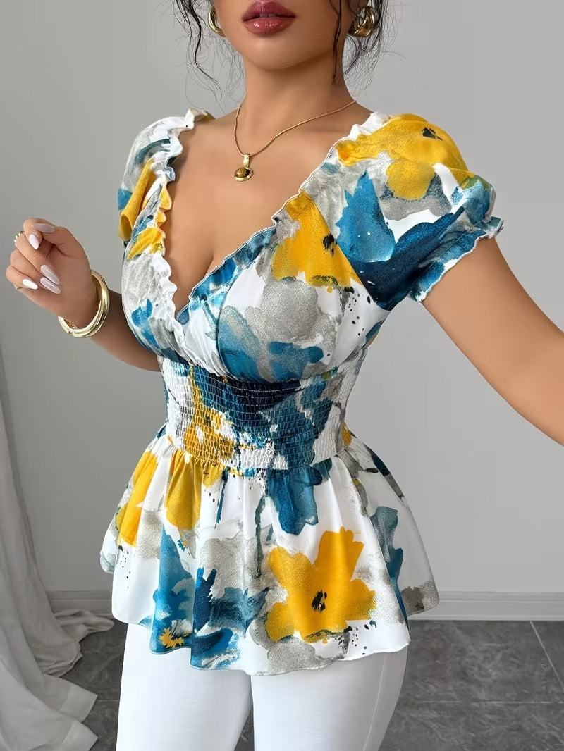 Ninonine "Elora" | Shirred Waist Artistic Floral Blouse