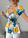Ninonine "Elora" | Shirred Waist Artistic Floral Blouse