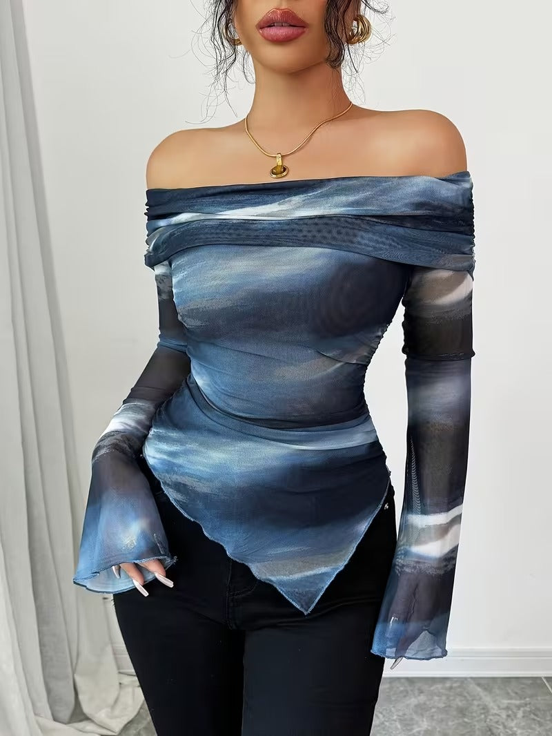 Ninonine "Lyra" | Abstract Midnight Off-Shoulder Asymmetrical Top