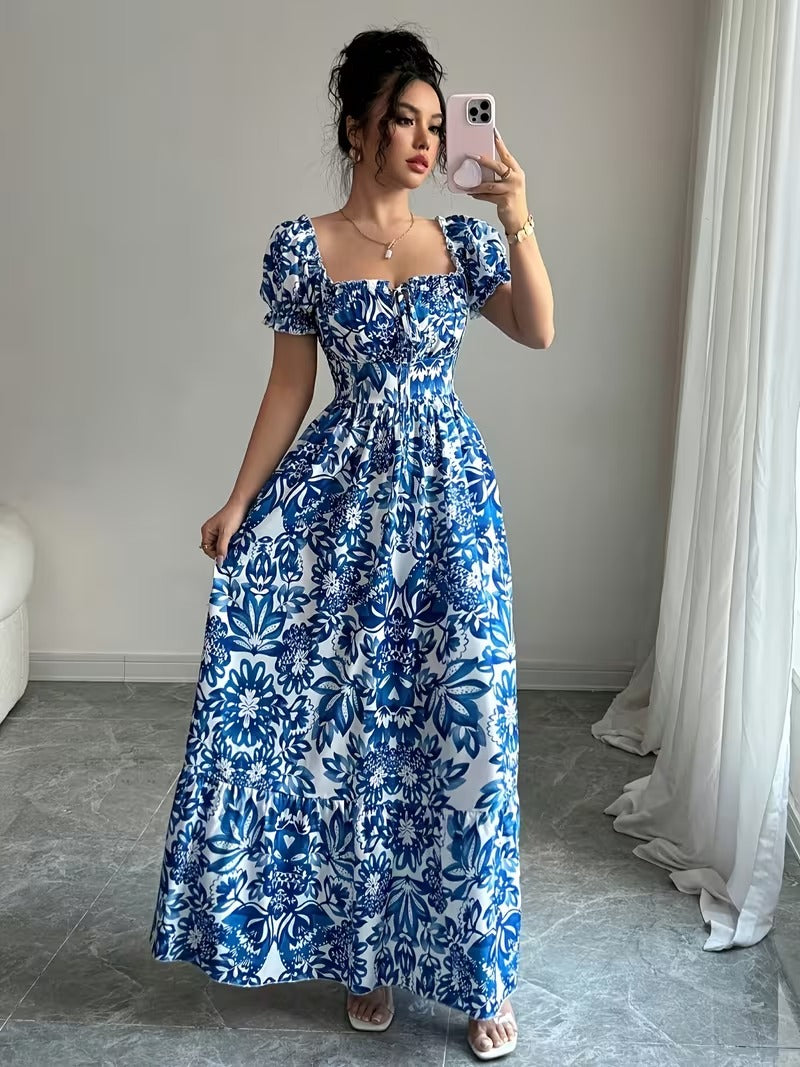 Ninonine "Azurea" | Smocked Back Puff Sleeve Botanical Maxi Dress