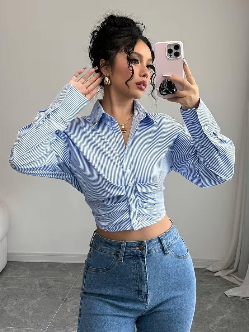 Ninonine "Geneva" | Ruched-Waist Cropped Pinstripe Shirt