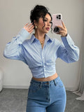 Ninonine "Geneva" | Ruched-Waist Cropped Pinstripe Shirt