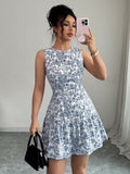 Ninonine "Mariana" | Azure Toile-Print Sleeveless Peplum Dress