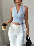 Ninonine "Isla" | Striped Wrap-Front Halterneck Top