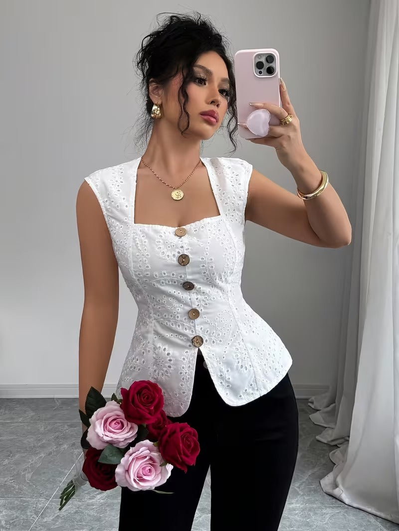 Ninonine "Seraphina" | Embroidered Eyelet Square-Neck Top