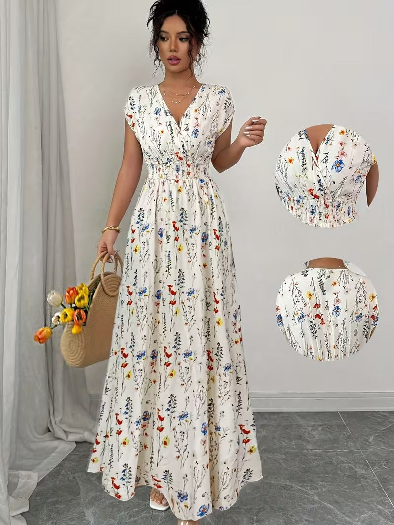 Ninonine "Flora" | Shirred-Waist V-Neck Floral Maxi Dress