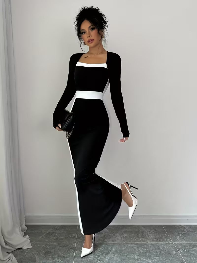 Ninonine "Sylvie" | French-Style Contrast Square Neck Bodycon Maxi
