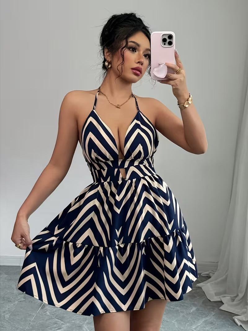 Ninonine "Chevron" | Geometric Halter Cutout Mini Dress